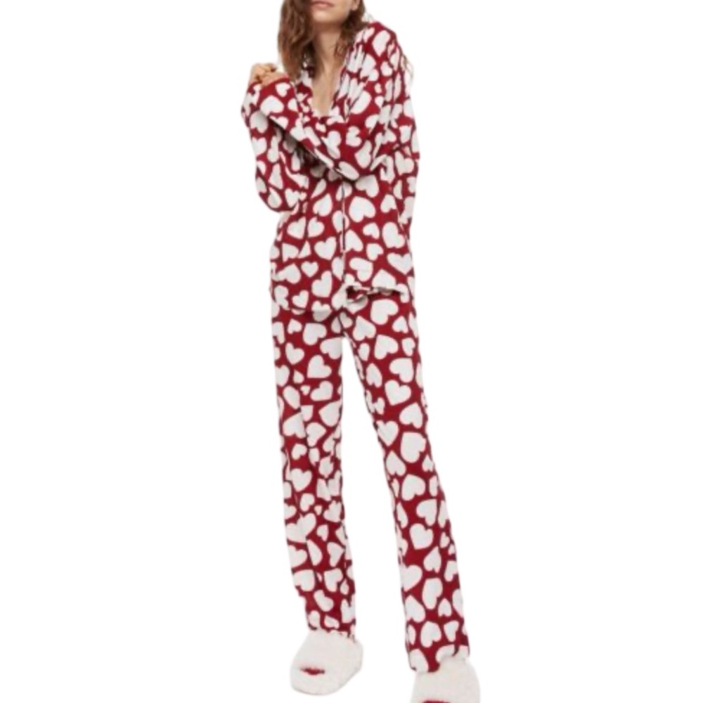 H&M Pajama Set Hearts Red White Top Elastic Waist Wide Leg Bottom Small